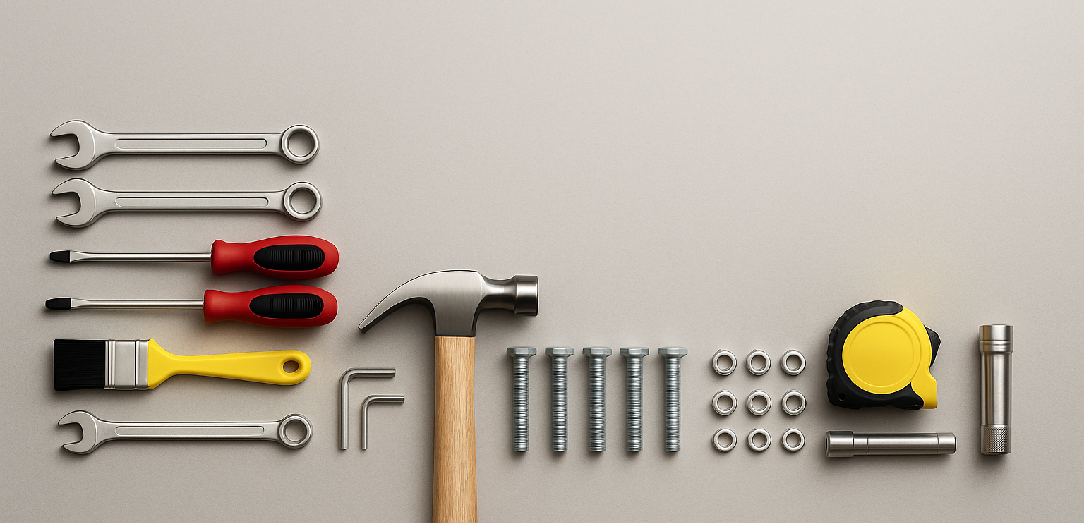 Set of tools including a hammer, wrenches, screwdrivers, and measuring tape on a gray background