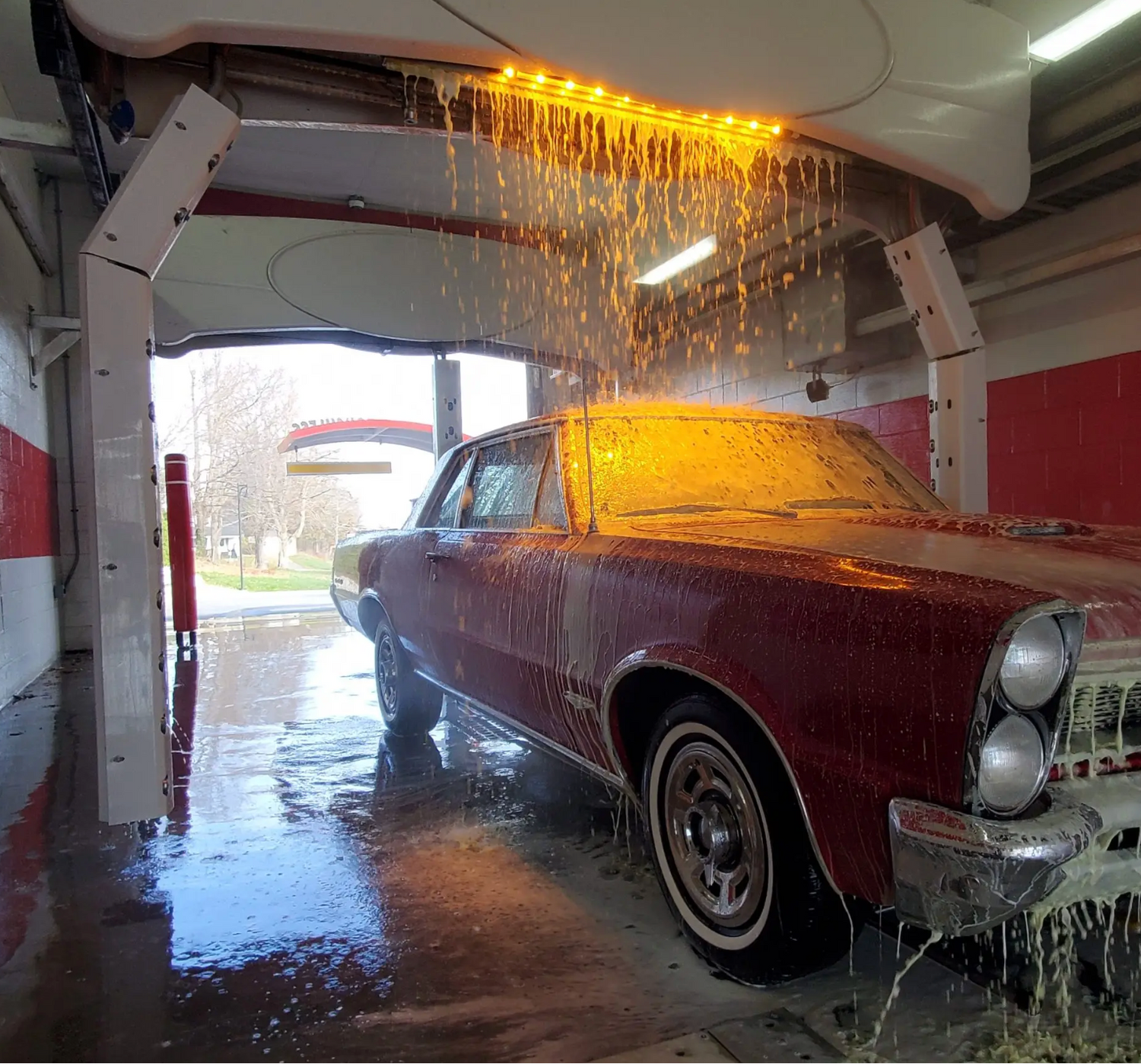 Red car using an oasis car wash. soap and water pour down from above as the car gets a good wash.