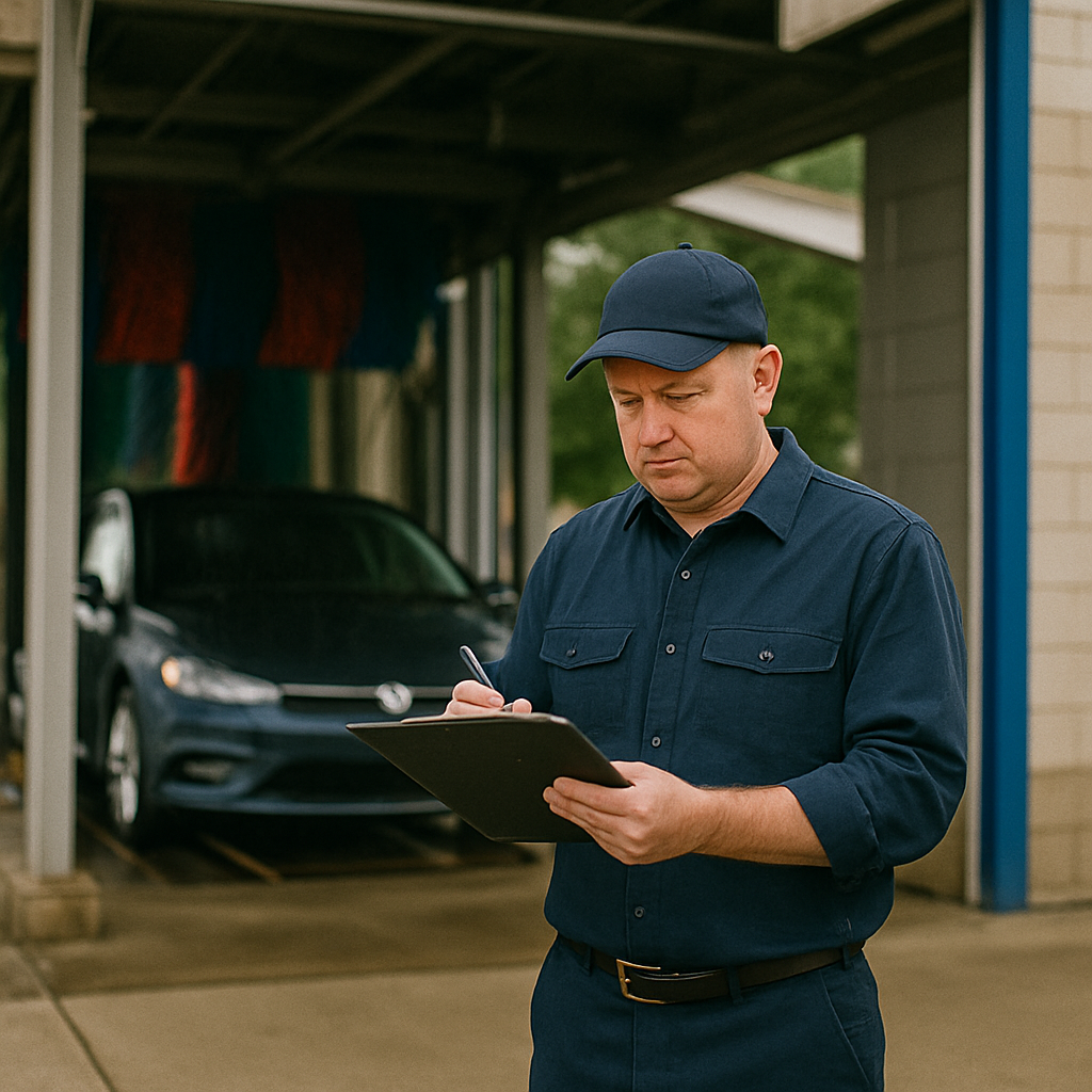 Man in a blue uniform and cap writing on a clipboard outside a building with a car in the background.