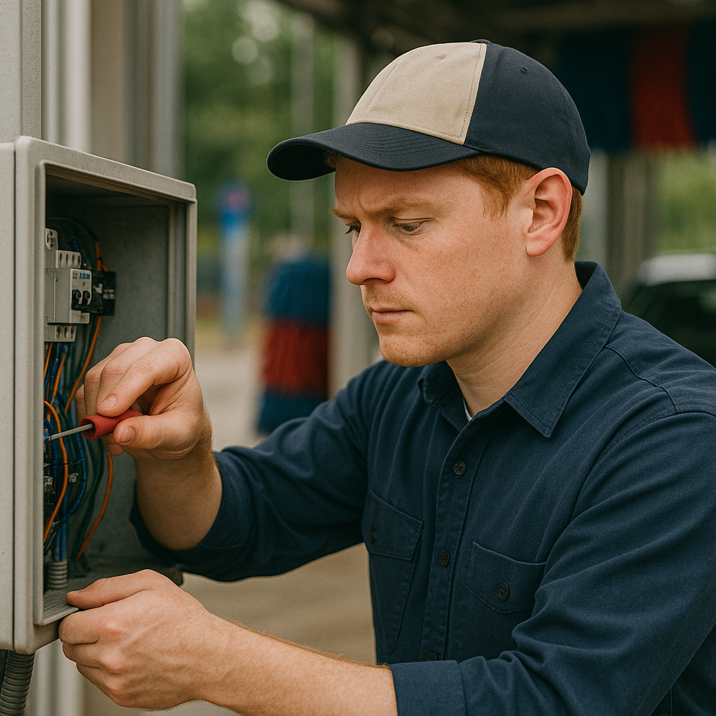 Man working on electrical panel outdoors